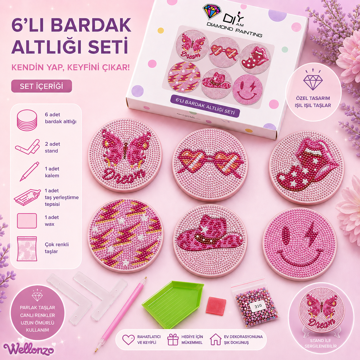 Pembe Şeker Bardak Altlığı Seti