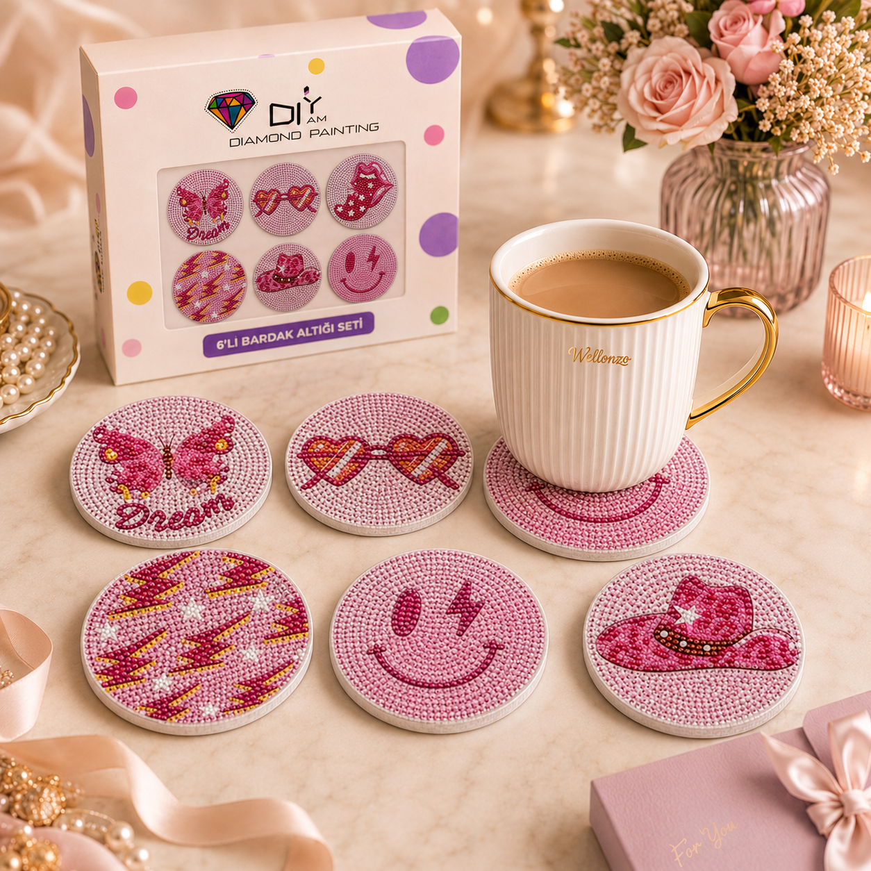 Pembe Şeker Bardak Altlığı Seti