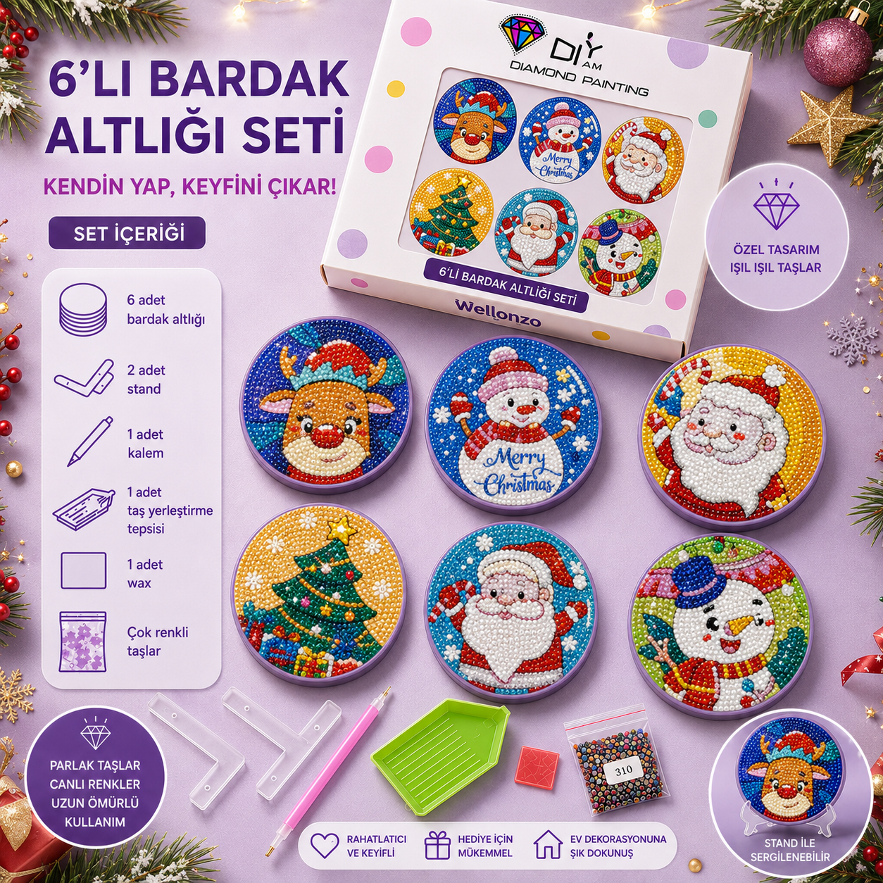 Neşeli Yılbaşı Bardak Altlığı Seti